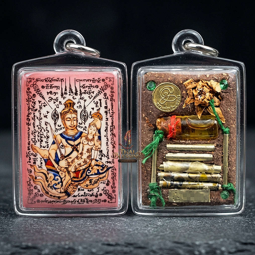 Master-Grade Esoteric Phet Phayathorn Chao Saneh Celestial Deity & Sovereign Maha Saneh Large Pink-Background Sacred Locket Thai Blessing Co By RURUECHA