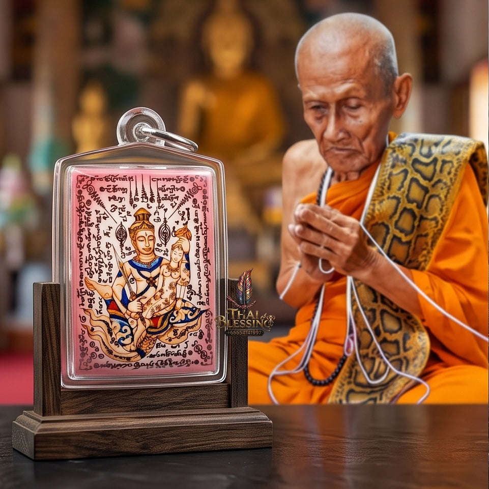 Master-Grade Esoteric Phet Phayathorn Chao Saneh Celestial Deity & Sovereign Maha Saneh Large Pink-Background Sacred Locket Thai Blessing Co By RURUECHA