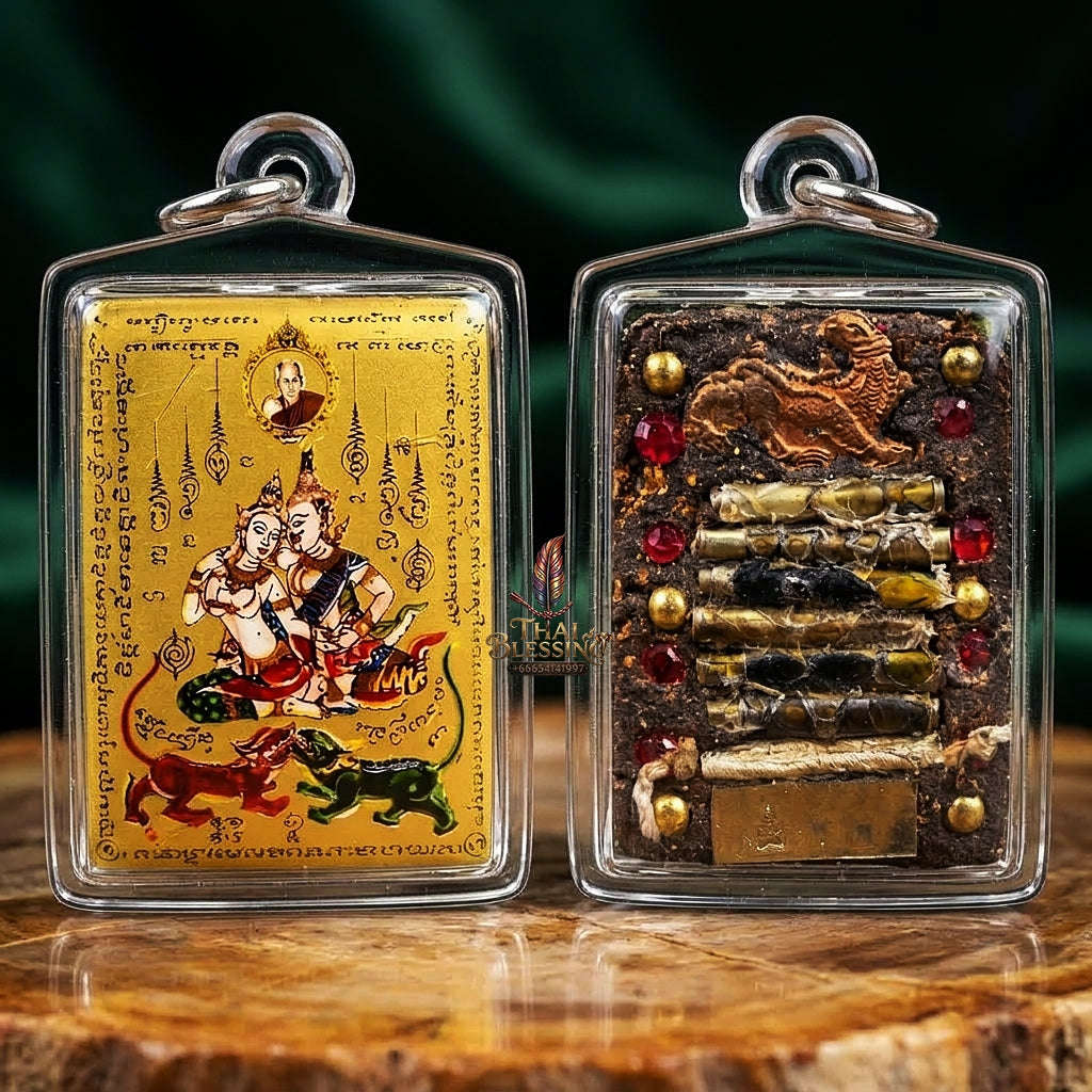 Master-Grade Esoteric Phet Phayathorn Chao Saneh Celestial Deity & Sovereign Maha Saneh Small Gold-Background Sacred Locket Thai Blessing Co By RURUECHA