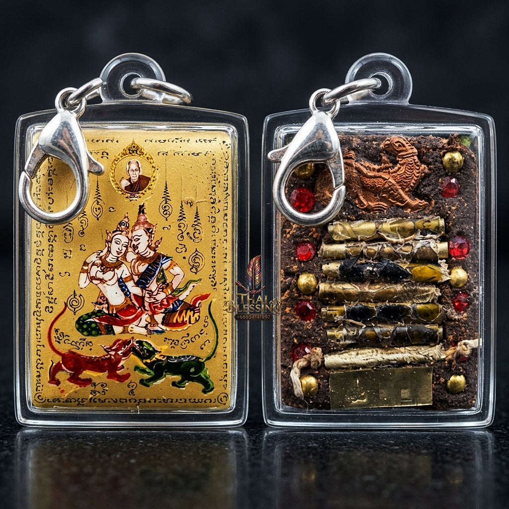 Master-Grade Esoteric Phet Phayathorn Chao Saneh Celestial Deity & Sovereign Maha Saneh Small Gold-Background Sacred Locket Thai Blessing Co By RURUECHA