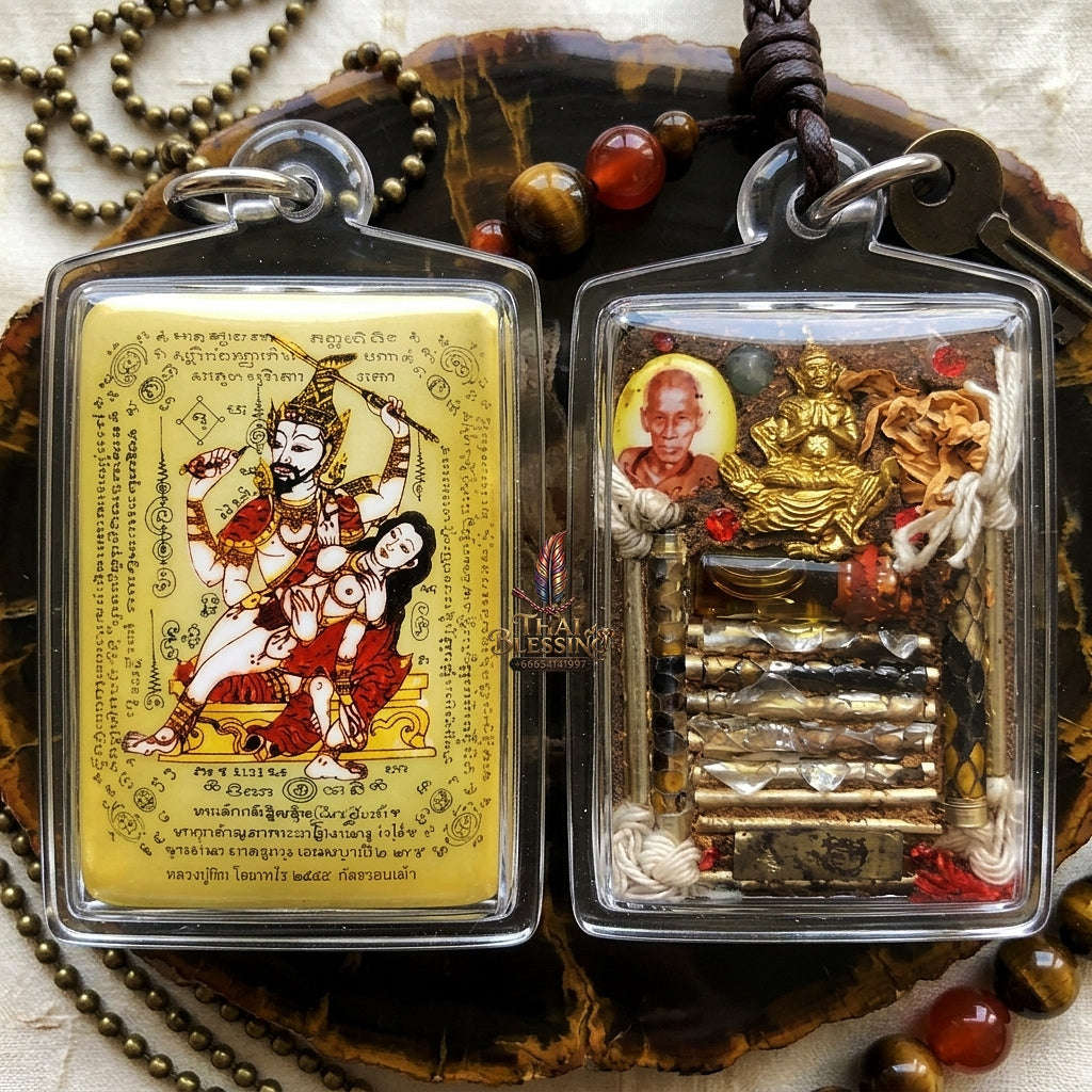 Master-Grade Esoteric Phet Phayathorn Embracing Consort Celestial Deity & Sovereign Maha Saneh Gold-Background Sacred Locket Thai Blessing Co By RURUECHA
