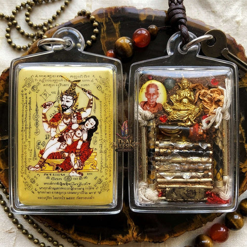 Master-Grade Esoteric Phet Phayathorn Embracing Consort Celestial Deity & Sovereign Maha Saneh Gold-Background Sacred Locket Thai Blessing Co By RURUECHA