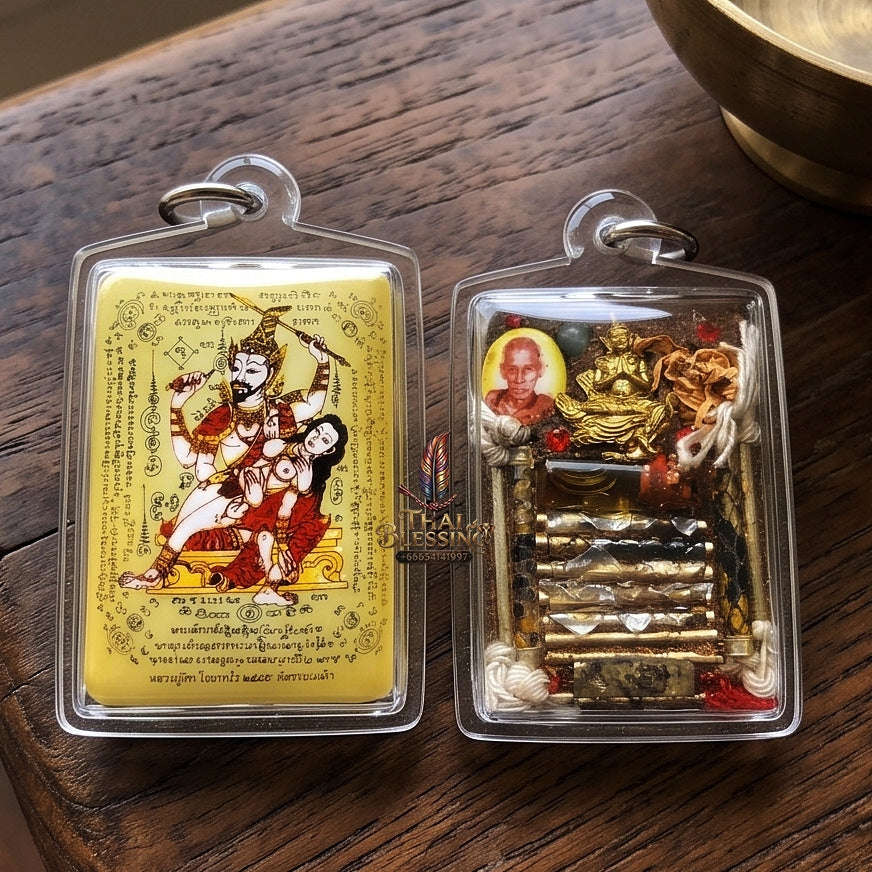 Master-Grade Esoteric Phet Phayathorn Embracing Consort Celestial Deity & Sovereign Maha Saneh Gold-Background Sacred Locket Thai Blessing Co By RURUECHA