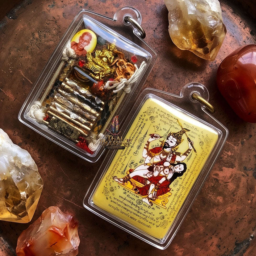 Master-Grade Esoteric Phet Phayathorn Embracing Consort Celestial Deity & Sovereign Maha Saneh Gold-Background Sacred Locket Thai Blessing Co By RURUECHA