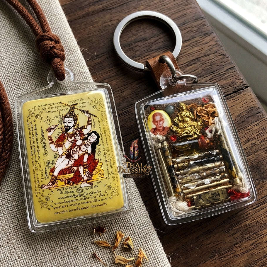 Master-Grade Esoteric Phet Phayathorn Embracing Consort Celestial Deity & Sovereign Maha Saneh Gold-Background Sacred Locket Thai Blessing Co By RURUECHA