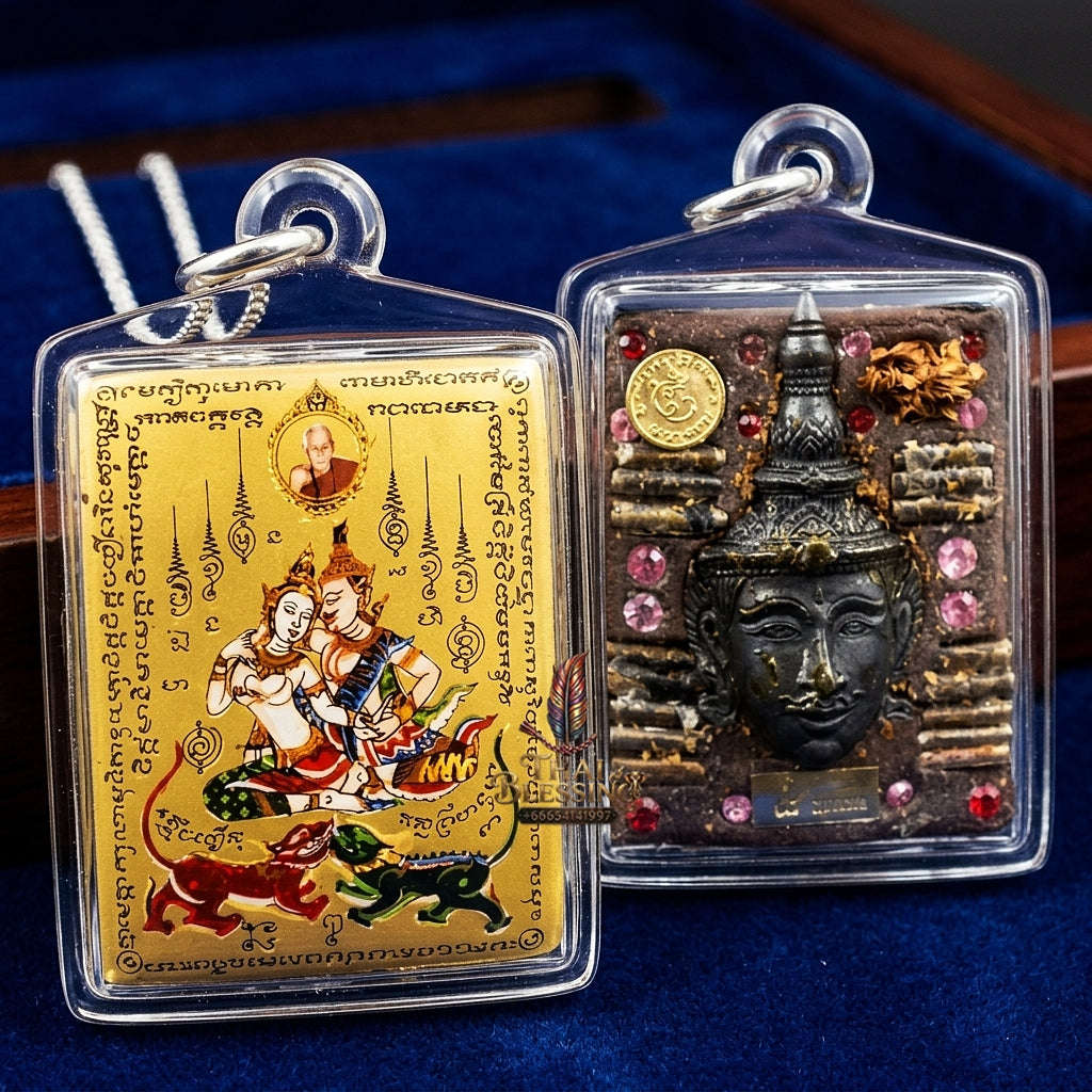 Master-Grade Esoteric Phet Phayathorn Kru Saneh Celestial Deity & Sovereign Maha Saneh Gold-Background Sacred Locket Thai Blessing Co By RURUECHA