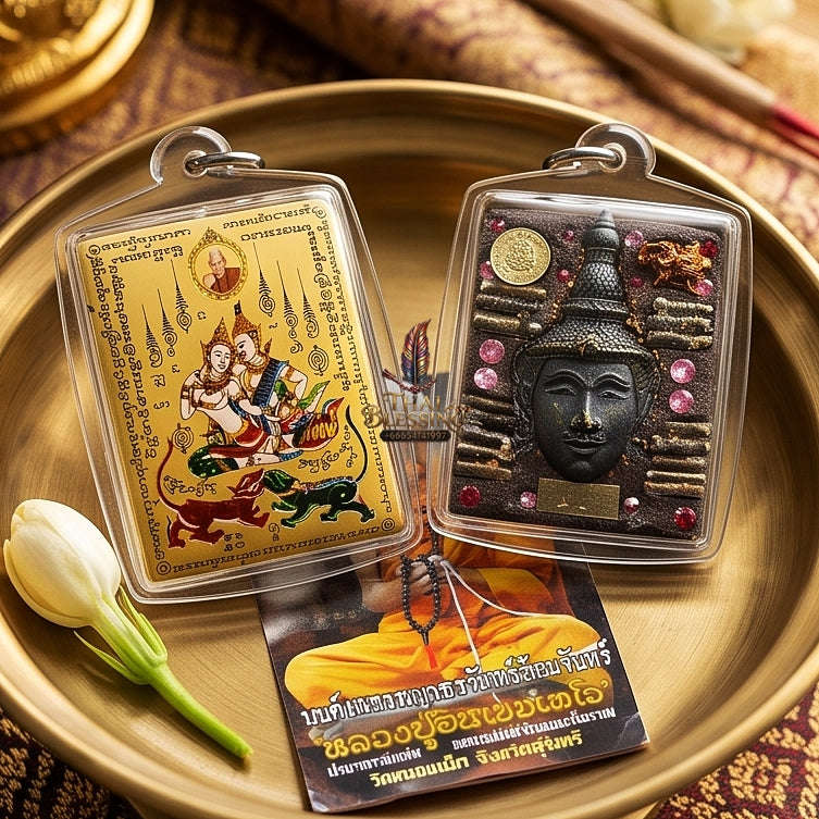 Master-Grade Esoteric Phet Phayathorn Kru Saneh Celestial Deity & Sovereign Maha Saneh Gold-Background Sacred Locket Thai Blessing Co By RURUECHA