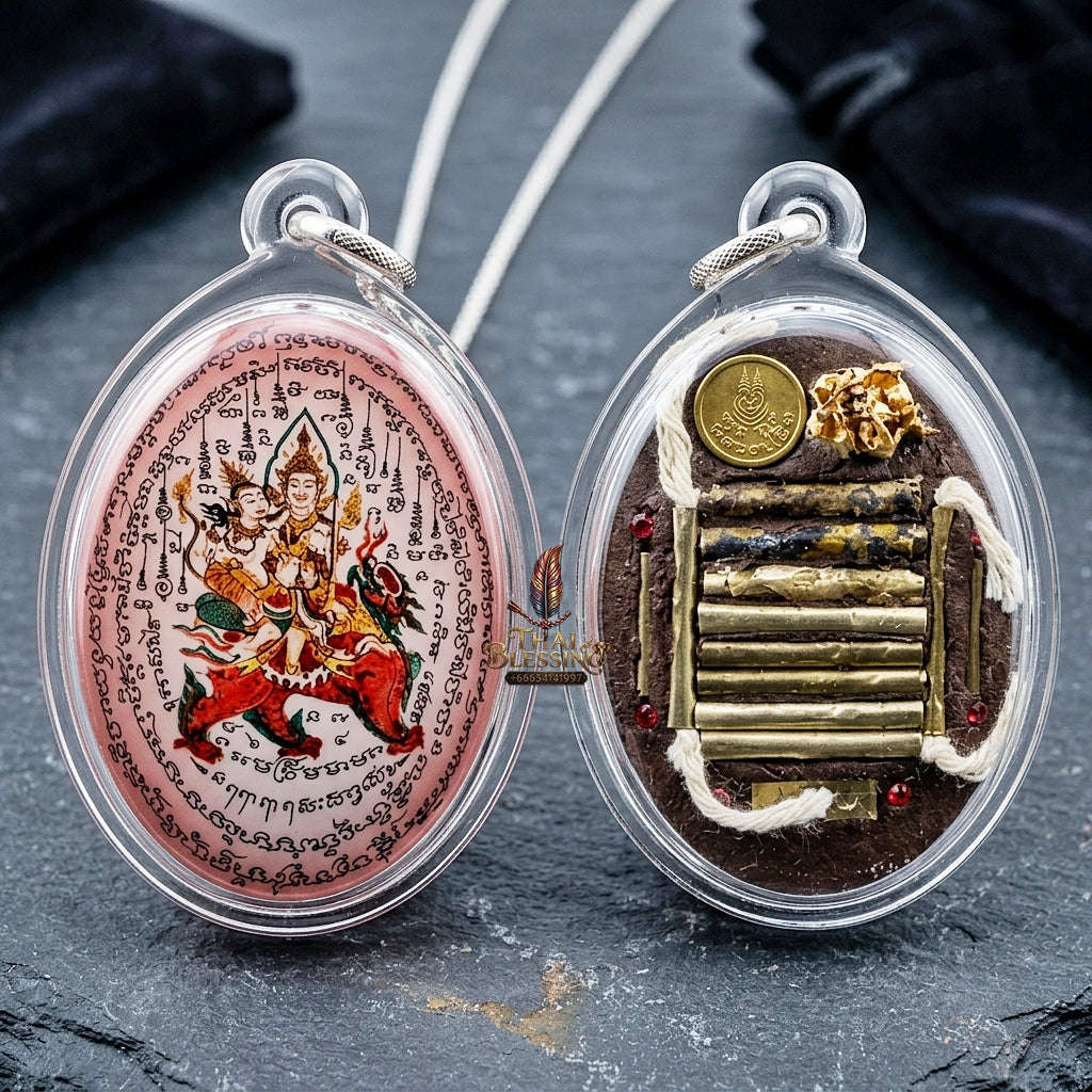 Master-Grade Esoteric Phet Phayathorn Maha Saneh Celestial Deity & Sovereign Attraction Jumbo Pink-Background Sacred Locket Edition Luang Pu In Wat Nong Mek Surin 2015 Thai Amulet Collectible Thai Blessing Co By RURUECHA
