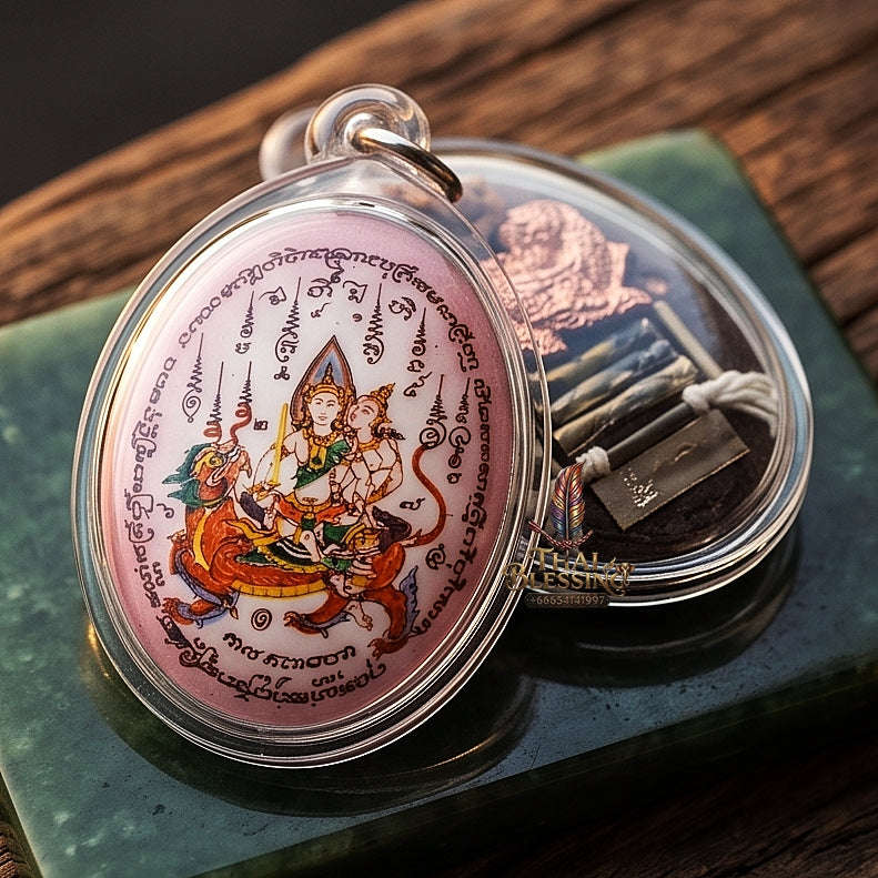 Master-Grade Esoteric Phet Phayathorn Maha Saneh Celestial Deity & Sovereign Attraction Medium Pink-Background Sacred Locket Thai Blessing Co By RURUECHA