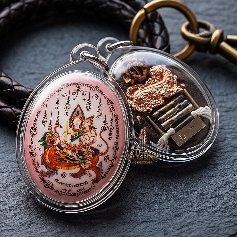 Master-Grade Esoteric Phet Phayathorn Maha Saneh Celestial Deity & Sovereign Attraction Medium Pink-Background Sacred Locket Thai Blessing Co By RURUECHA