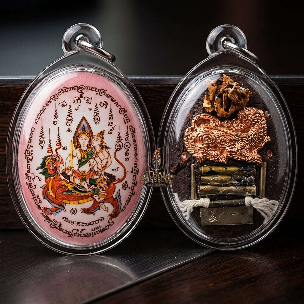 Master-Grade Esoteric Phet Phayathorn Maha Saneh Celestial Deity & Sovereign Attraction Medium Pink-Background Sacred Locket Thai Blessing Co By RURUECHA