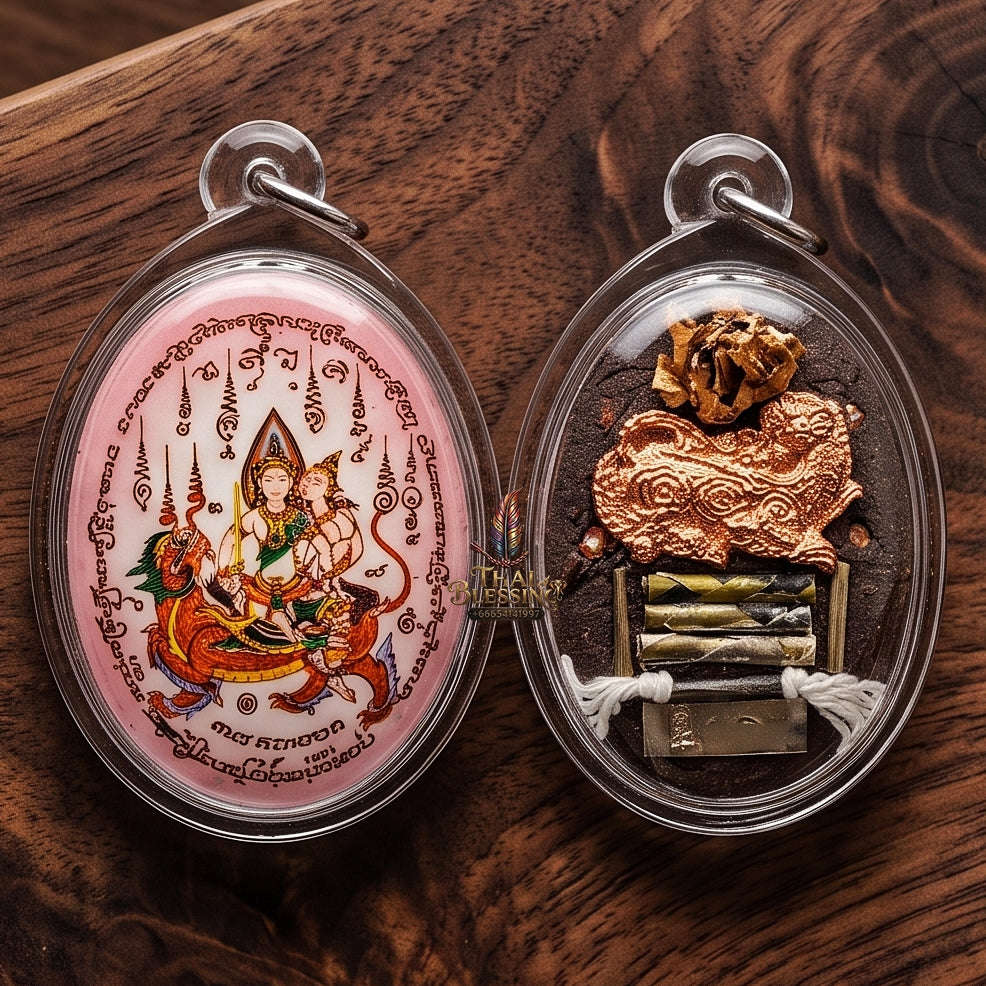 Master-Grade Esoteric Phet Phayathorn Maha Saneh Celestial Deity & Sovereign Attraction Medium Pink-Background Sacred Locket Thai Blessing Co By RURUECHA