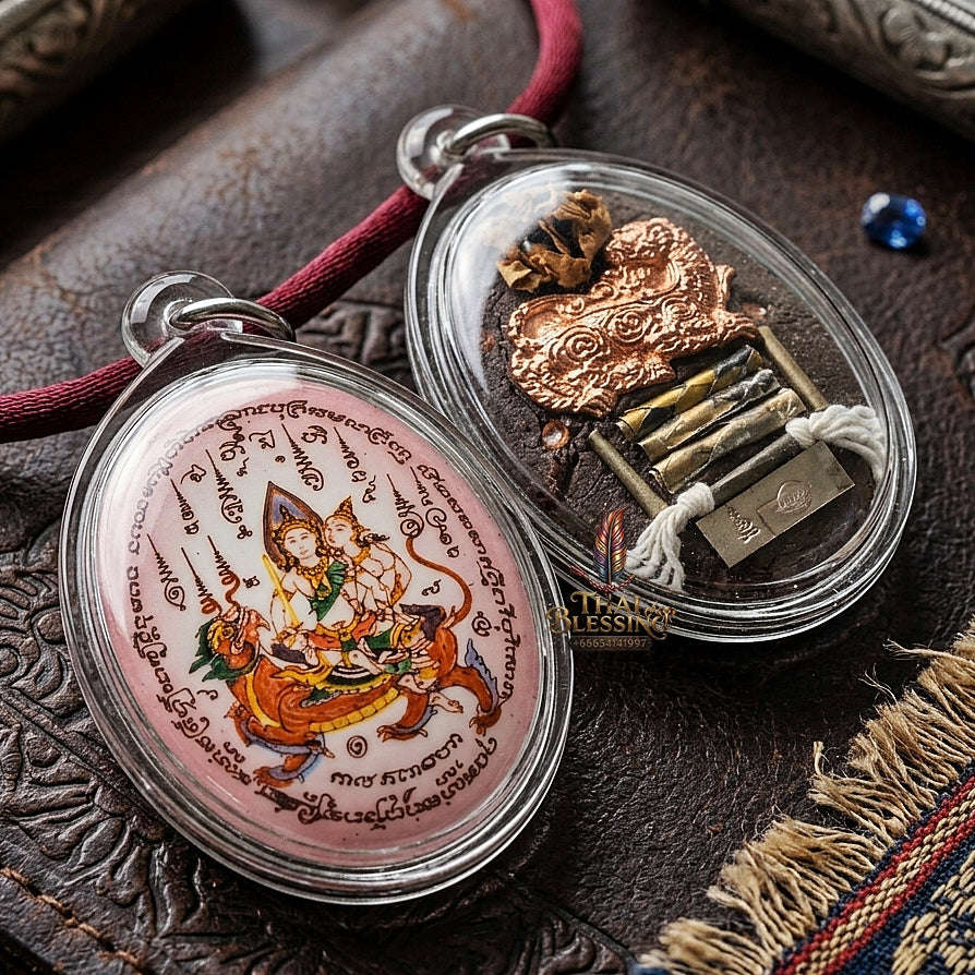 Master-Grade Esoteric Phet Phayathorn Maha Saneh Celestial Deity & Sovereign Attraction Medium Pink-Background Sacred Locket Thai Blessing Co By RURUECHA