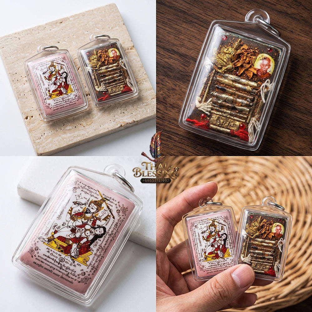 Master-Grade Esoteric Phet Phayathorn Oum Nang Maha Saneh Celestial Deity & Sovereign Attraction Medium Pink-Background Sacred Locket Thai Blessing Co By RURUECHA