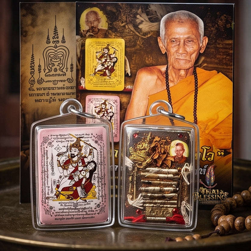Master-Grade Esoteric Phet Phayathorn Oum Nang Maha Saneh Celestial Deity & Sovereign Attraction Medium Pink-Background Sacred Locket Thai Blessing Co By RURUECHA