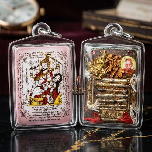 Master-Grade Esoteric Phet Phayathorn Oum Nang Maha Saneh Celestial Deity & Sovereign Attraction Medium Pink-Background Sacred Locket Thai Blessing Co By RURUECHA