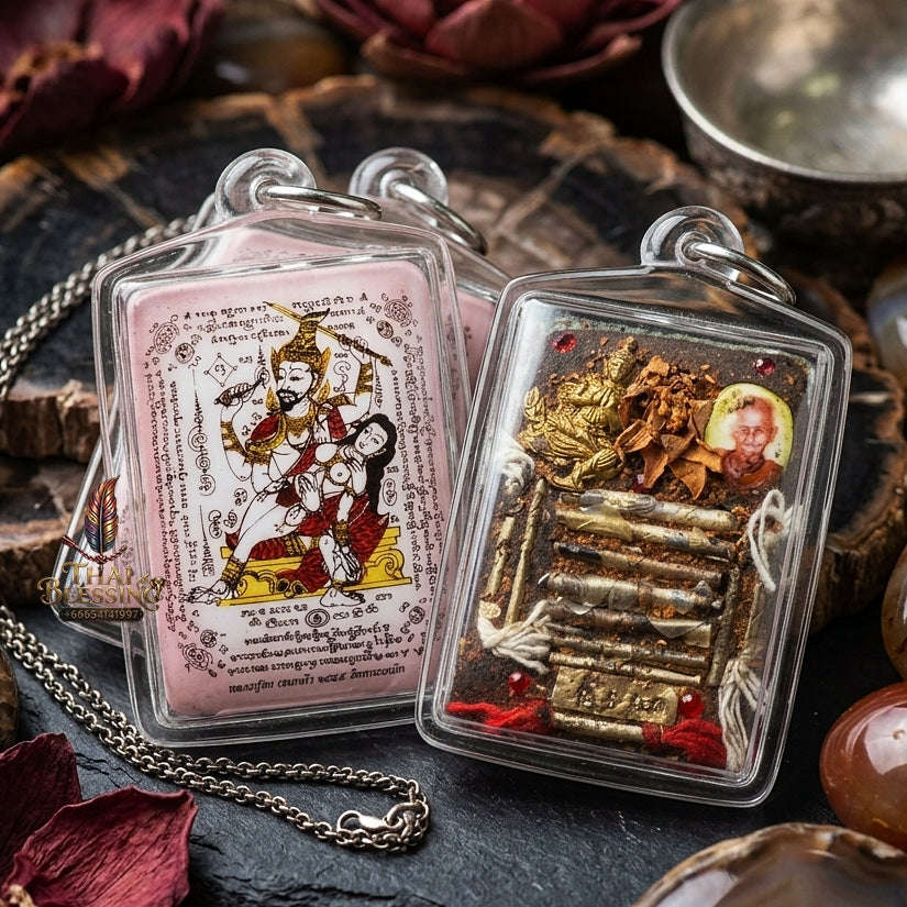 Master-Grade Esoteric Phet Phayathorn Oum Nang Maha Saneh Celestial Deity & Sovereign Attraction Medium Pink-Background Sacred Locket Thai Blessing Co By RURUECHA
