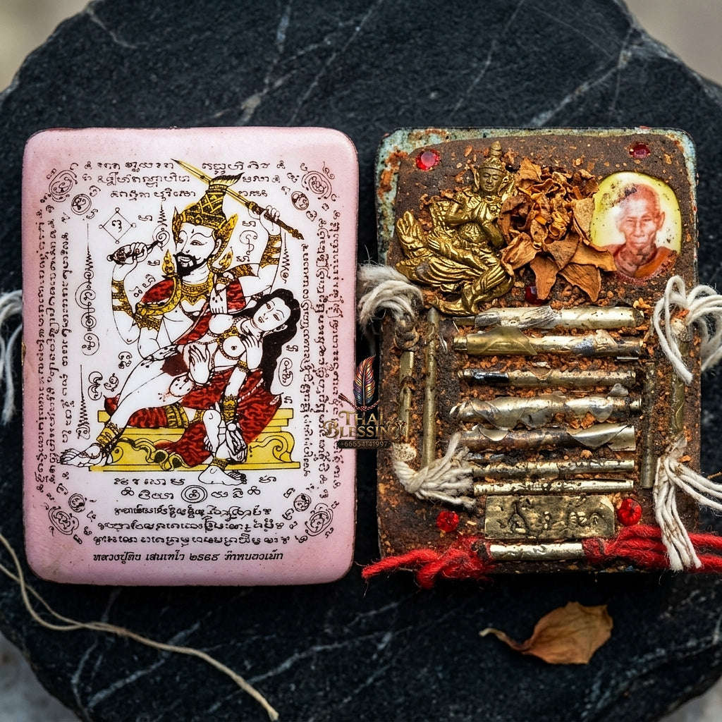Master-Grade Esoteric Phet Phayathorn Oum Nang Maha Saneh Celestial Deity & Sovereign Attraction Medium Pink-Background Sacred Locket Thai Blessing Co By RURUECHA