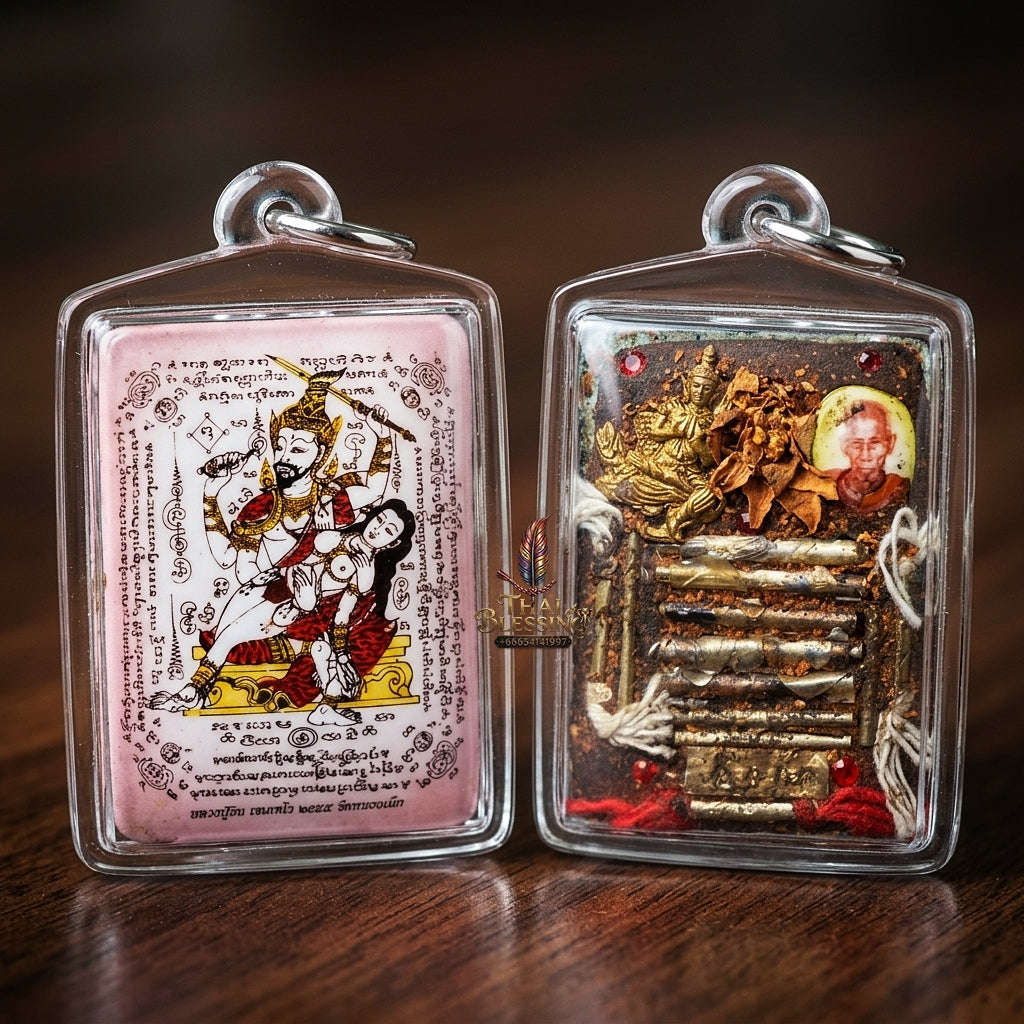 Master-Grade Esoteric Phet Phayathorn Oum Nang Maha Saneh Celestial Deity & Sovereign Attraction Medium Pink-Background Sacred Locket Thai Blessing Co By RURUECHA