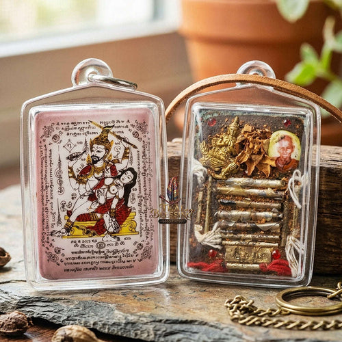 Master-Grade Esoteric Phet Phayathorn Oum Nang Maha Saneh Celestial Deity & Sovereign Attraction Medium Pink-Background Sacred Locket Thai Blessing Co By RURUECHA