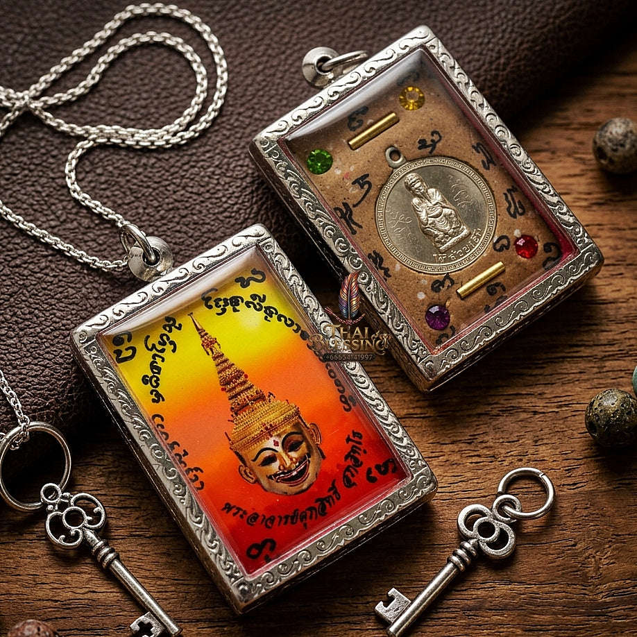 Master-Grade Esoteric Phra Lak Na Thong & Chai Sing Eia Wealth God Sacred Locket Edition Phra Achan Supphasit Wat Bang Namchon 2017 Thai Amulet Collectible Thai Blessing Co By RURUECHA