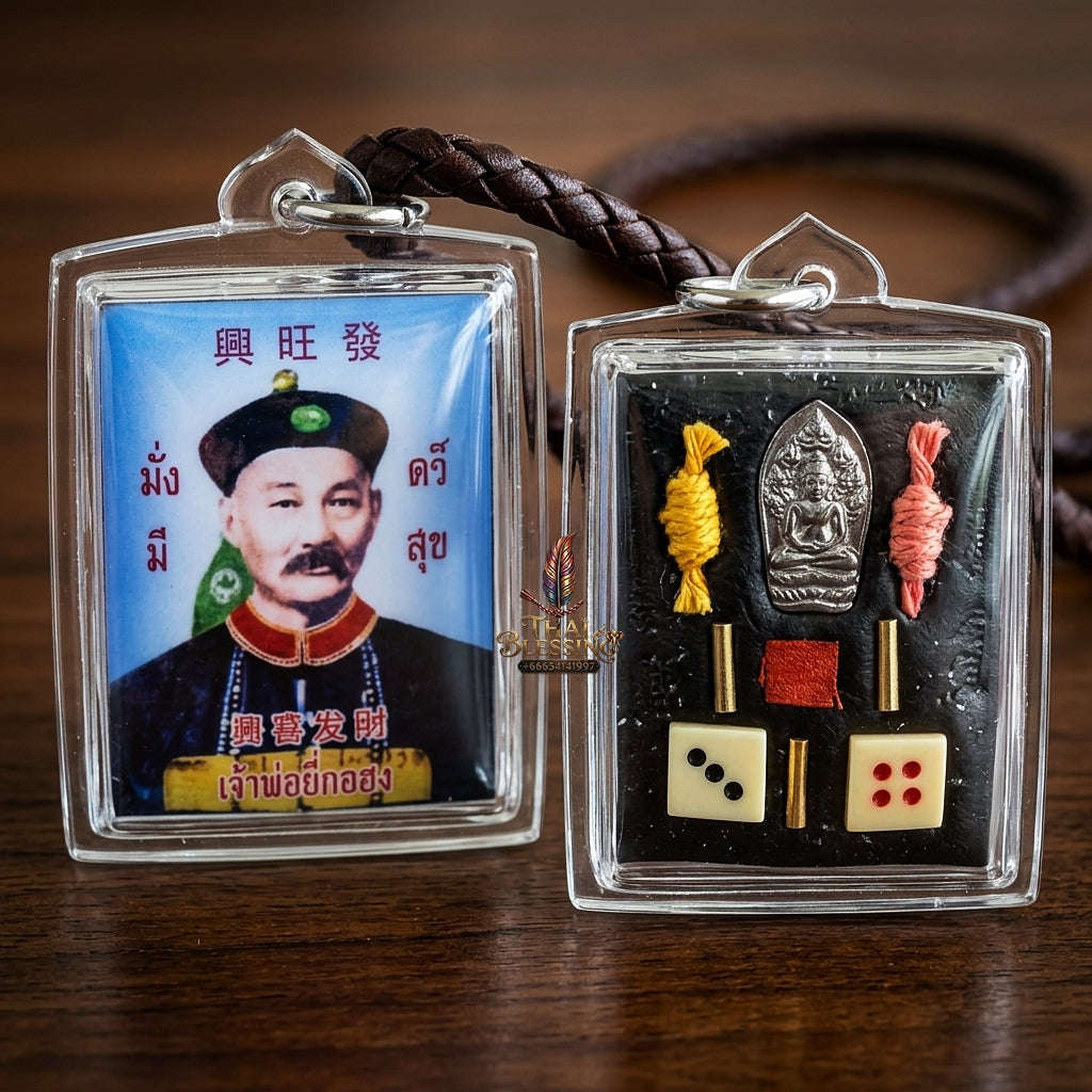 Master-Grade Esoteric Uncle Yi Ko Hong, God of Gambling, Embedded Phra Nak Prok Buddha, Lucky Dice & Dual Wealth Takrut Blue-Background Sacred Locket Edition Thai Blessing Co By RURUECHA