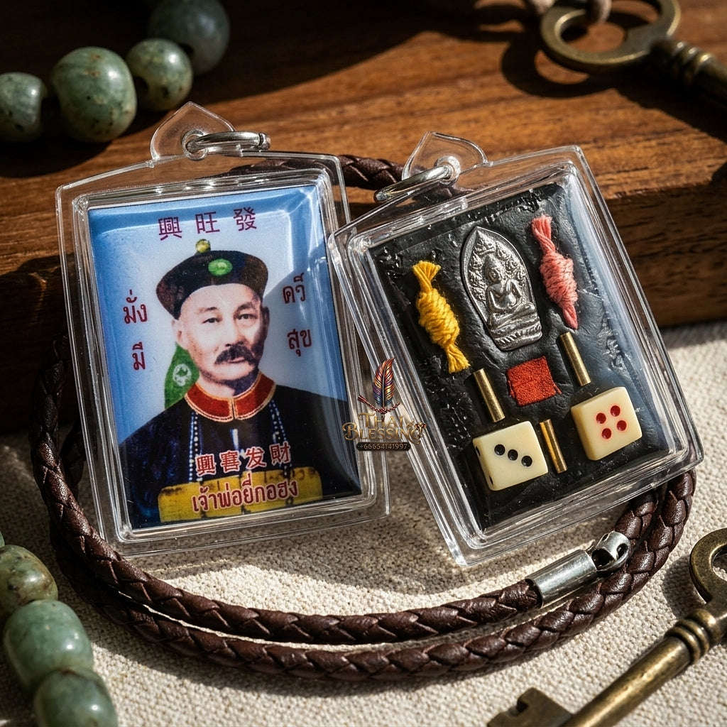 Master-Grade Esoteric Uncle Yi Ko Hong, God of Gambling, Embedded Phra Nak Prok Buddha, Lucky Dice & Dual Wealth Takrut Blue-Background Sacred Locket Edition Thai Blessing Co By RURUECHA