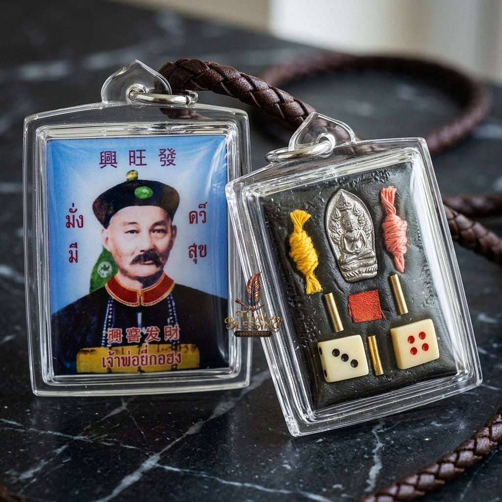 Master-Grade Esoteric Uncle Yi Ko Hong, God of Gambling, Embedded Phra Nak Prok Buddha, Lucky Dice & Dual Wealth Takrut Blue-Background Sacred Locket Edition Thai Blessing Co By RURUECHA