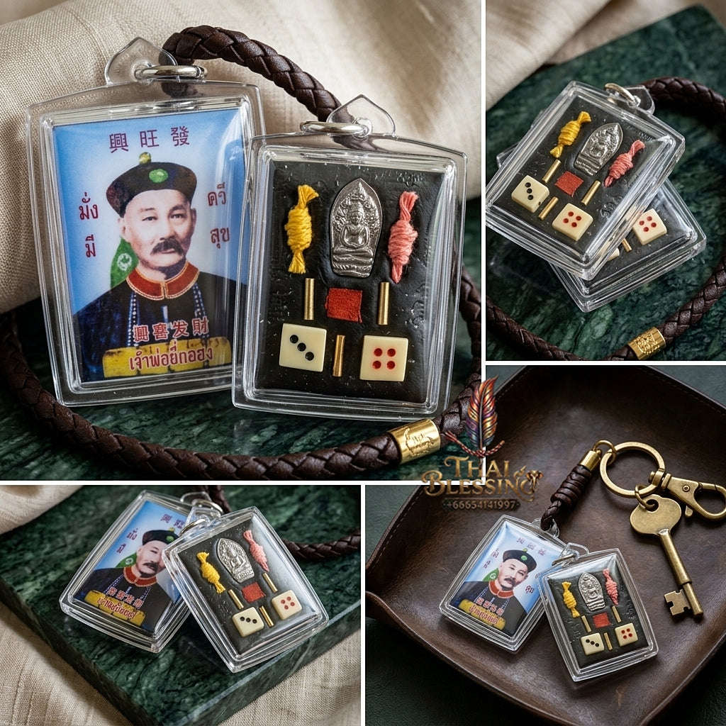 Master-Grade Esoteric Uncle Yi Ko Hong, God of Gambling, Embedded Phra Nak Prok Buddha, Lucky Dice & Dual Wealth Takrut Blue-Background Sacred Locket Edition Thai Blessing Co By RURUECHA