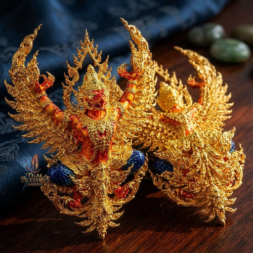 Master-Grade Phaya Khrut Phaya Wentai Gold-Plated Bronze with Orange Enameling Sacred Casting Edition Wat Wimutti Thamm Sikhiu Nakhon Ratchasima Thai Amulet Collectible Thai Blessing Co By RURUECHA