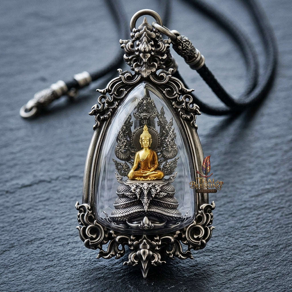Master-Grade Phra Naga Prok Phra Phuttha Sri Sattanakaraj Phithak White Bronze Satin Finish with Sacred Enameling Framed Edition