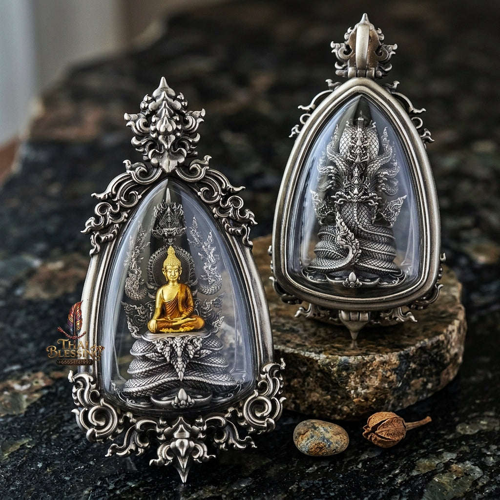 Master-Grade Phra Naga Prok Phra Phuttha Sri Sattanakaraj Phithak White Bronze Satin Finish with Sacred Enameling Framed Edition Thai Blessing Co By RURUECHA