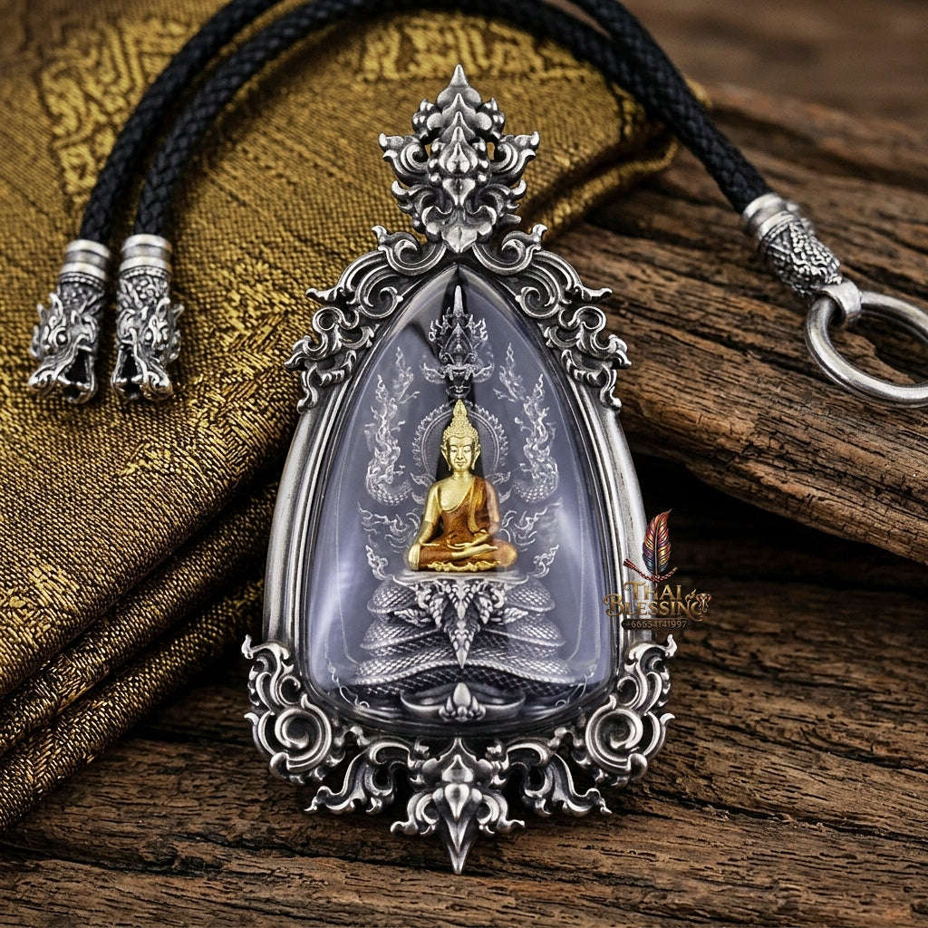 Master-Grade Phra Naga Prok Phra Phuttha Sri Sattanakaraj Phithak White Bronze Satin Finish with Sacred Enameling Framed Edition Thai Blessing Co By RURUECHA