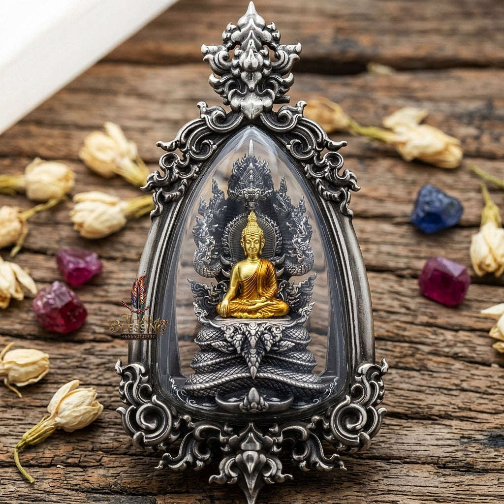 Master-Grade Phra Naga Prok Phra Phuttha Sri Sattanakaraj Phithak White Bronze Satin Finish with Sacred Enameling Framed Edition Thai Blessing Co By RURUECHA