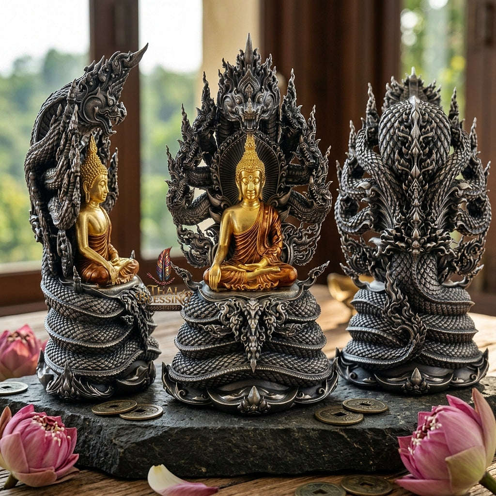 Master-Grade Phra Naga Prok Phra Phuttha Sri Sattanakaraj Phithak White Bronze Satin Finish with Sacred Enameling Framed Edition Thai Blessing Co By RURUECHA
