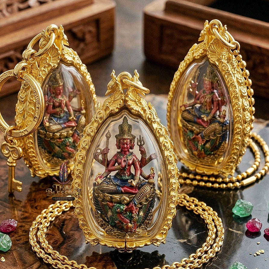 Master-Grade Phra Phrom Ong Thao Maha Phrom Thada Yellow Bronze Satin Finish Pink Enamel Body Framed Edition Phra Ajarn Nikhom BE 2566 Thai Amulet Collectible Thai Blessing Co By RURUECHA