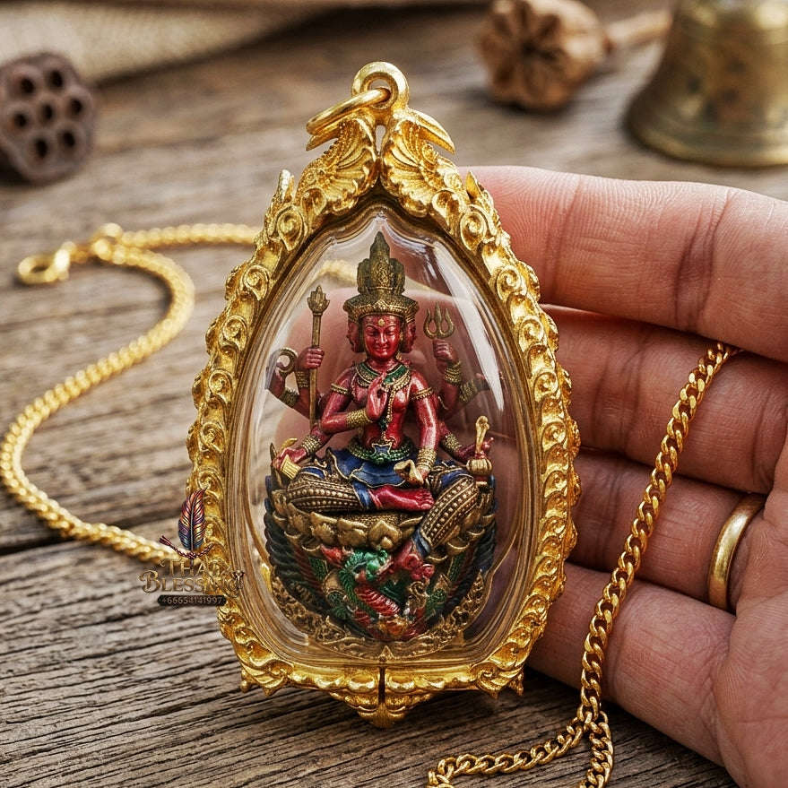 Master-Grade Phra Phrom Ong Thao Maha Phrom Thada Yellow Bronze Satin Finish Pink Enamel Body Framed Edition Phra Ajarn Nikhom BE 2566 Thai Amulet Collectible Thai Blessing Co By RURUECHA