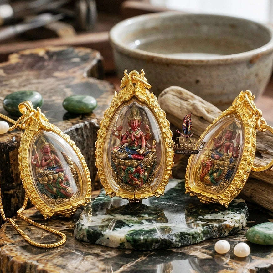 Master-Grade Phra Phrom Ong Thao Maha Phrom Thada Yellow Bronze Satin Finish Pink Enamel Body Framed Edition Phra Ajarn Nikhom BE 2566 Thai Amulet Collectible Thai Blessing Co By RURUECHA