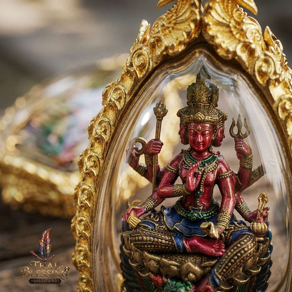 Master-Grade Phra Phrom Ong Thao Maha Phrom Thada Yellow Bronze Satin Finish Pink Enamel Body Framed Edition Phra Ajarn Nikhom BE 2566 Thai Amulet Collectible Thai Blessing Co By RURUECHA