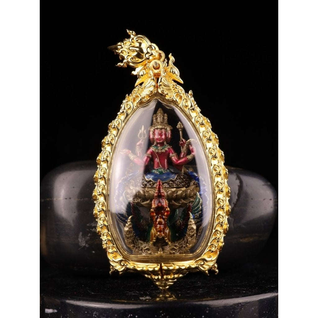 Master-Grade Phra Phrom Ong Thao Maha Phrom Thada Yellow Bronze Satin Finish Pink Enamel Body Framed Edition Phra Ajarn Nikhom BE 2566 Thai Amulet Collectible Thai Blessing Co By RURUECHA