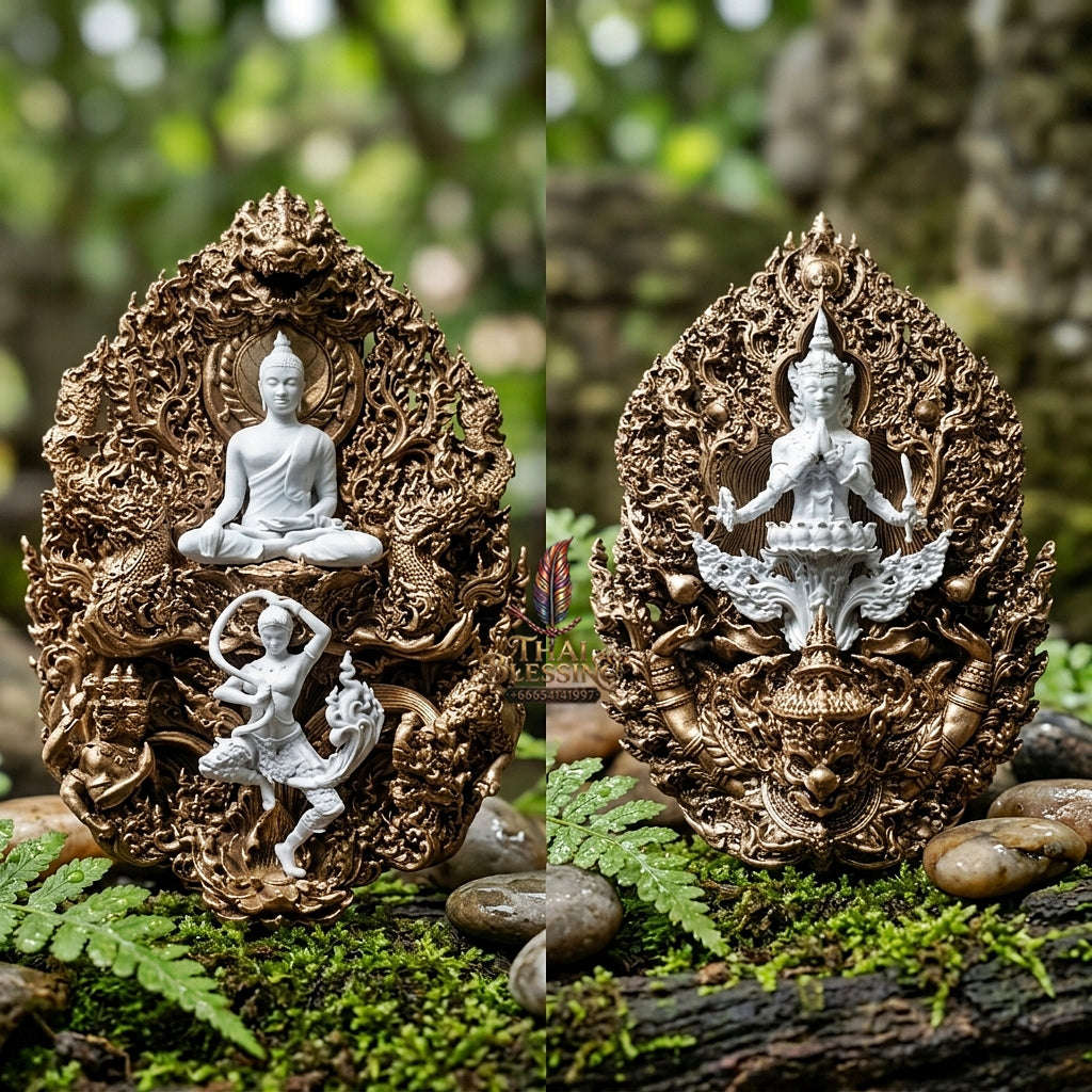 Master-Grade Phra Phuttha Chaimongkhon Phat Baramee (Charoen Lap Chana Mara) Bronze Base White Buddha Figure Satin Oxide Accents Thai Blessing Co By RURUECHA