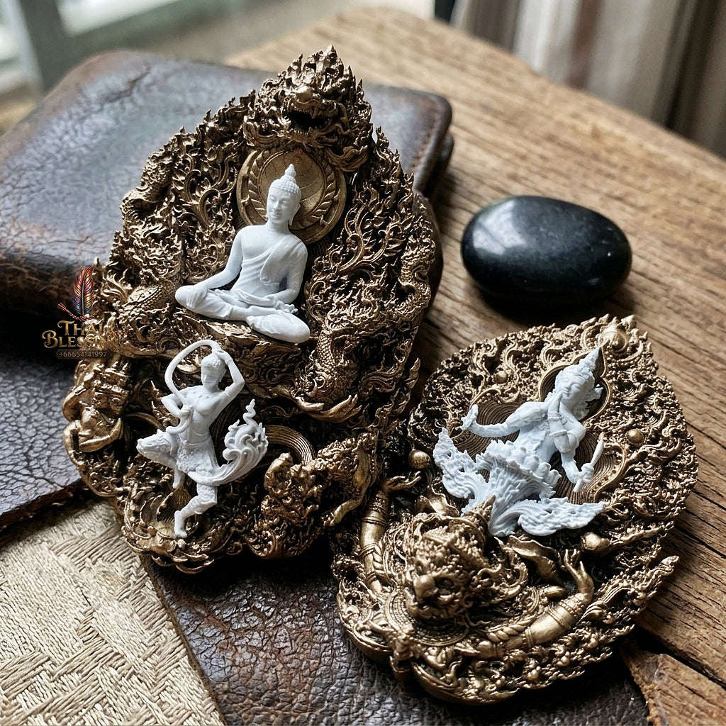 Master-Grade Phra Phuttha Chaimongkhon Phat Baramee (Charoen Lap Chana Mara) Bronze Base White Buddha Figure Satin Oxide Accents Thai Blessing Co By RURUECHA