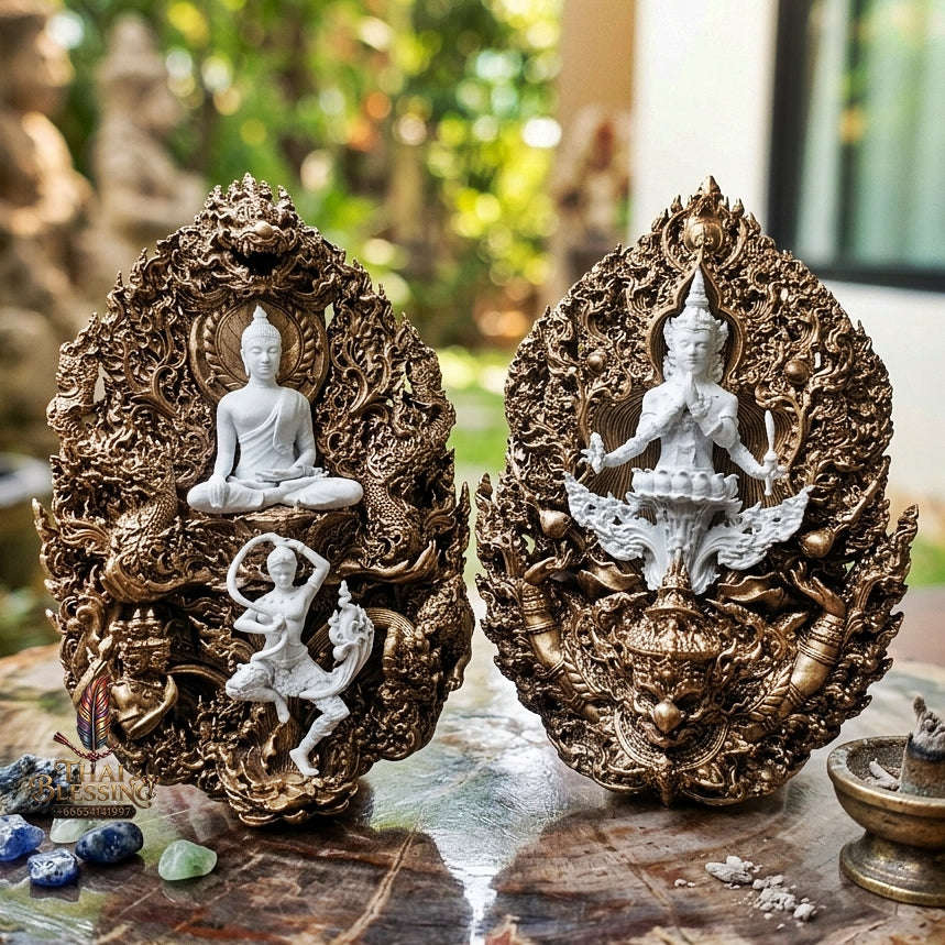 Master-Grade Phra Phuttha Chaimongkhon Phat Baramee (Charoen Lap Chana Mara) Bronze Base White Buddha Figure Satin Oxide Accents Thai Blessing Co By RURUECHA