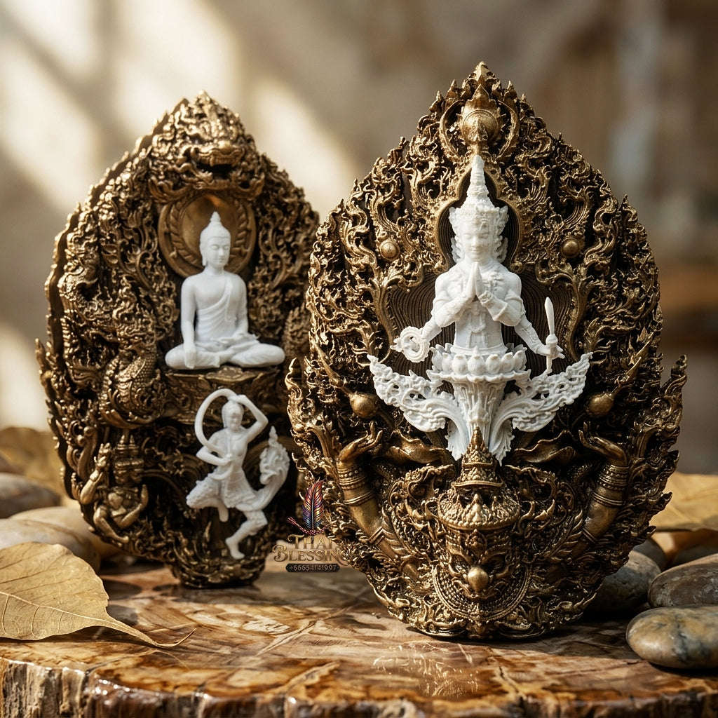 Master-Grade Phra Phuttha Chaimongkhon Phat Baramee (Charoen Lap Chana Mara) Bronze Base White Buddha Figure Satin Oxide Accents Thai Blessing Co By RURUECHA
