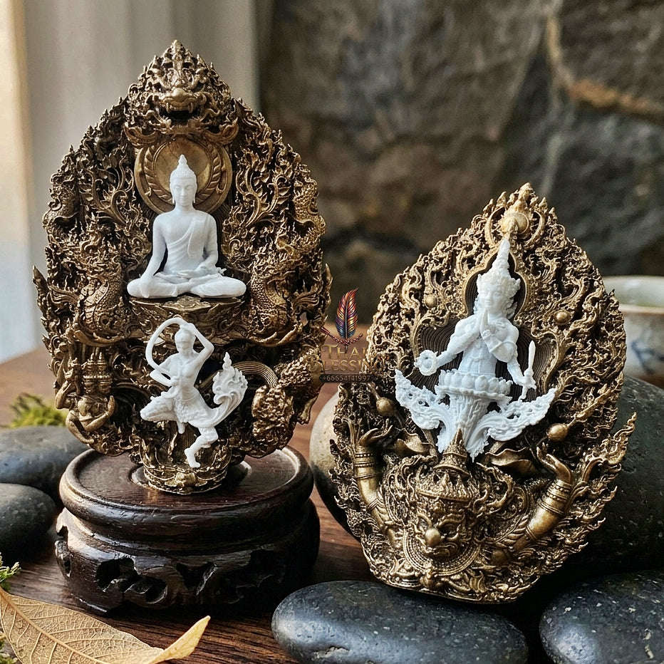 Master-Grade Phra Phuttha Chaimongkhon Phat Baramee (Charoen Lap Chana Mara) Bronze Base White Buddha Figure Satin Oxide Accents Thai Blessing Co By RURUECHA