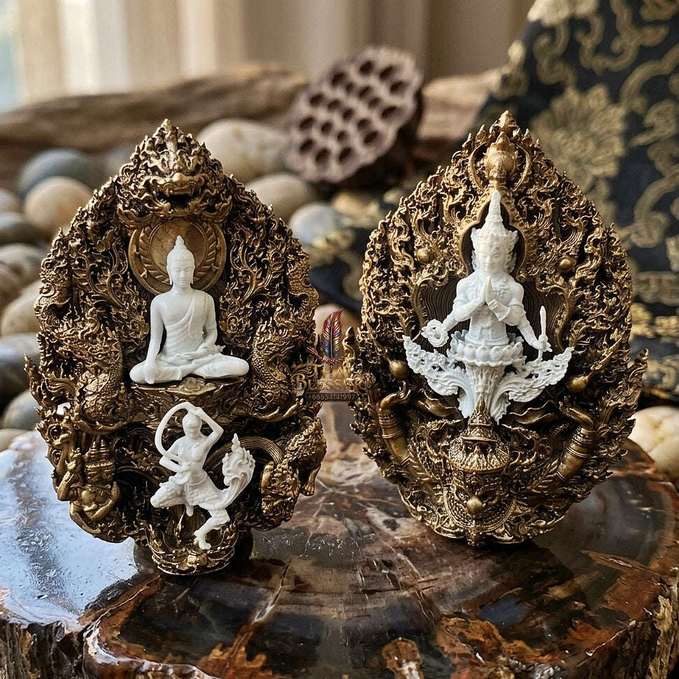 Master-Grade Phra Phuttha Chaimongkhon Phat Baramee (Charoen Lap Chana Mara) Bronze Base White Buddha Figure Satin Oxide Accents Thai Blessing Co By RURUECHA