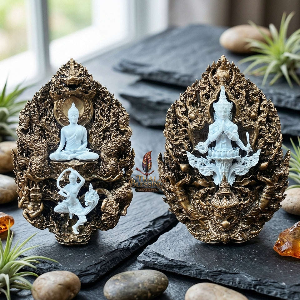 Master-Grade Phra Phuttha Chaimongkhon Phat Baramee (Charoen Lap Chana Mara) Bronze Base White Buddha Figure Satin Oxide Accents Thai Blessing Co By RURUECHA