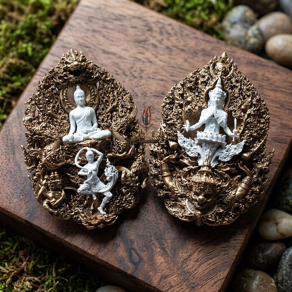 Master-Grade Phra Phuttha Chaimongkhon Phat Baramee (Charoen Lap Chana Mara) Bronze Base White Buddha Figure Satin Oxide Accents Thai Blessing Co By RURUECHA
