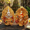 Master-Grade Phra Phuttha Chaimongkhon Phat Baramee (Charoen Lap Chana Mara) Bronze Silver-Plated Enameled Buddha Figure Gold-Plated Enameled Accents Thai Blessing Co By RURUECHA