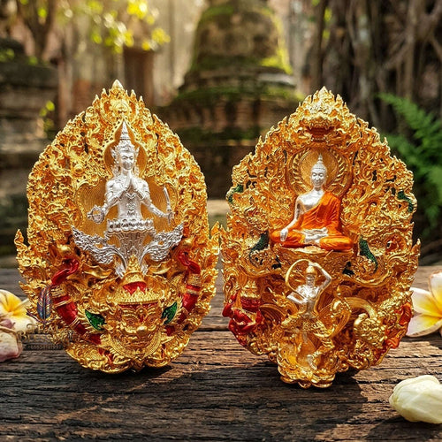 Master-Grade Phra Phuttha Chaimongkhon Phat Baramee (Charoen Lap Chana Mara) Bronze Silver-Plated Enameled Buddha Figure Gold-Plated Enameled Accents Thai Blessing Co By RURUECHA